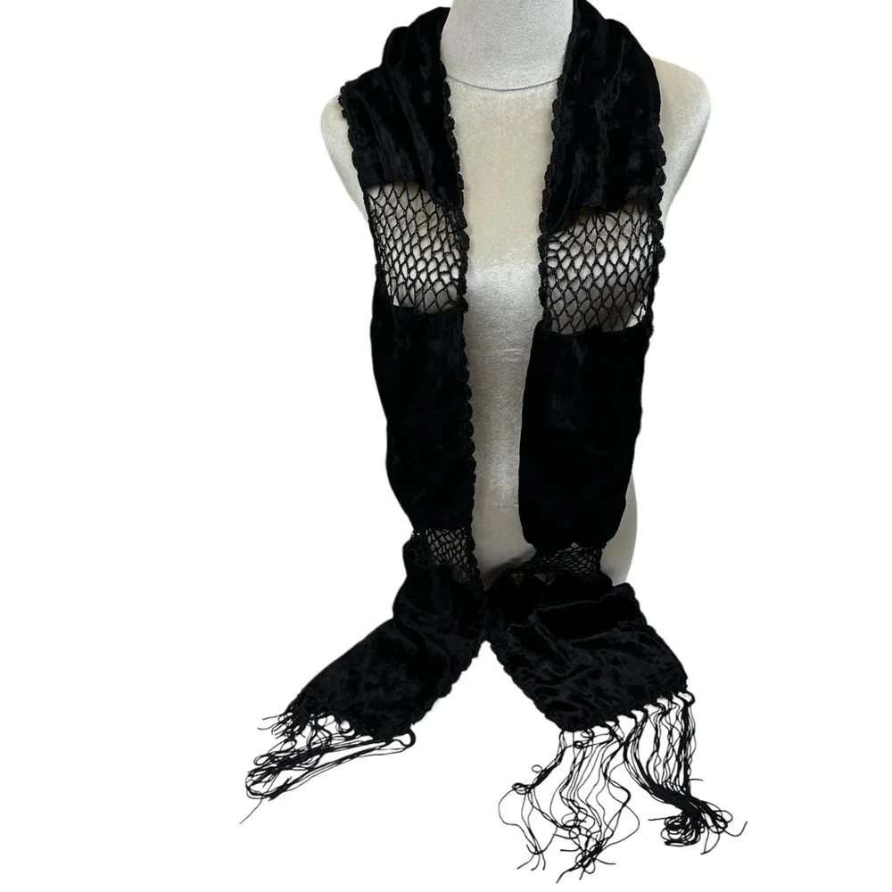 Whimsigoth Black Velvet Lace Fringe Scarf, Vintage Elegance